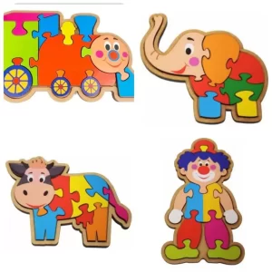 Kit com 4 Quebra Cabeças Elefante + Palhaço + Trem + Vaca