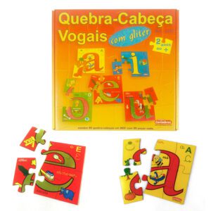 KIT COM 5 QUEBRA CABEÇA VOGAIS GLITER 6 PÇ GRANDES MADEIRA
