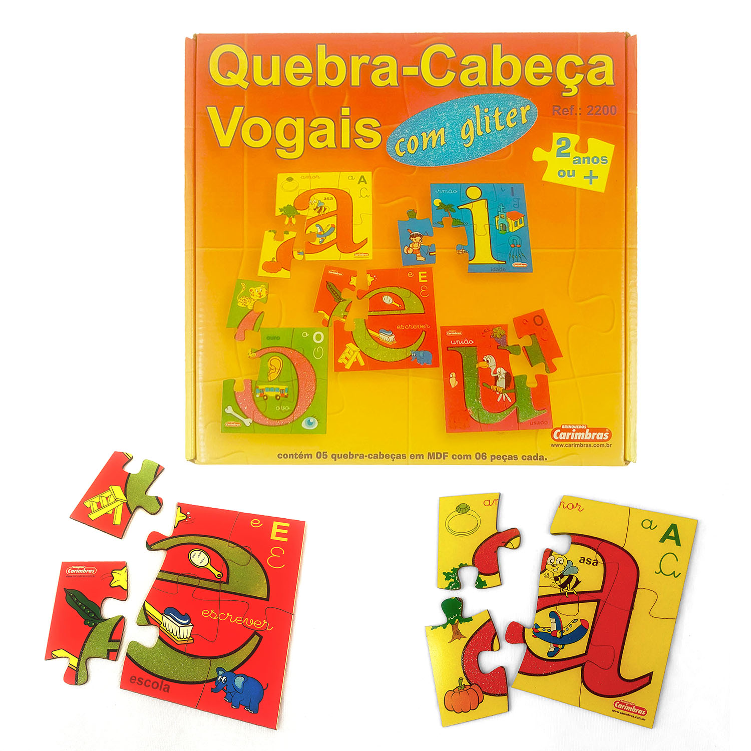 KIT COM 5 QUEBRA CABEÇA VOGAIS GLITER 6 PÇ GRANDES MADEIRA