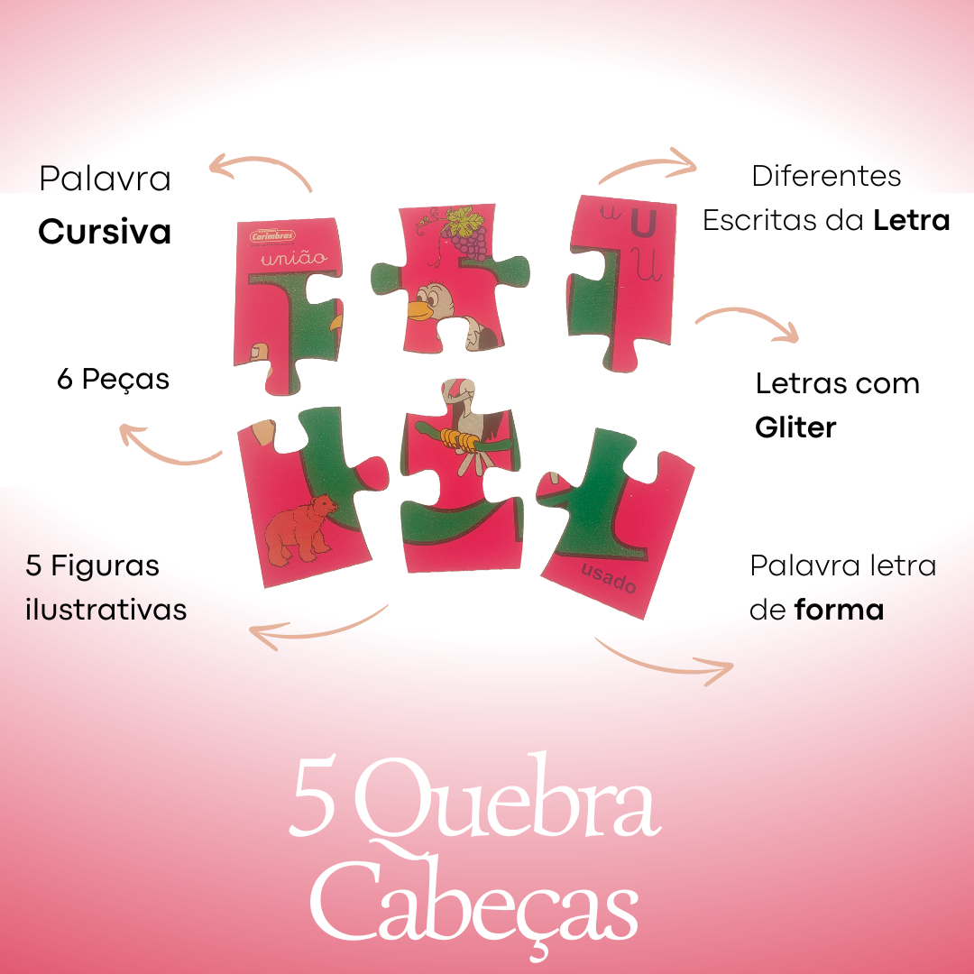 KIT COM 5 QUEBRA CABEÇA VOGAIS GLITER 6 PÇ GRANDES MADEIRA - Imagem 4