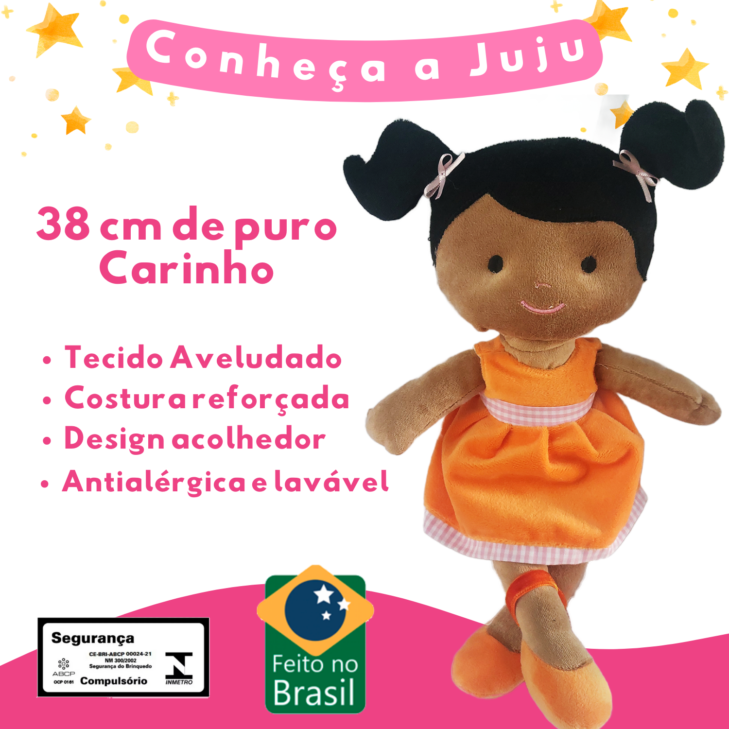 BONECA DE PANO JUJU NEGRA LAVÁVEL ANTIALÉRGICA 38 CM - Imagem 3