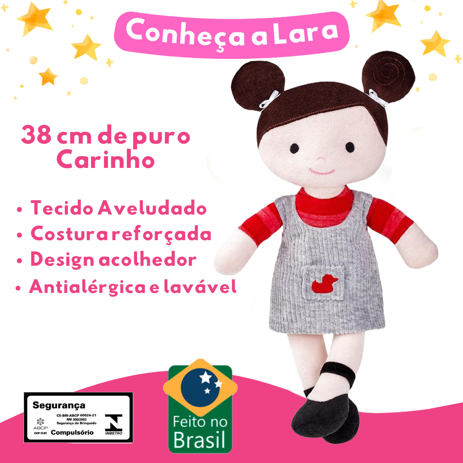 BONECA DE PANO LARA MORENA LAVÁVEL ANTIALÉRGICA 38 CM - Imagem 3