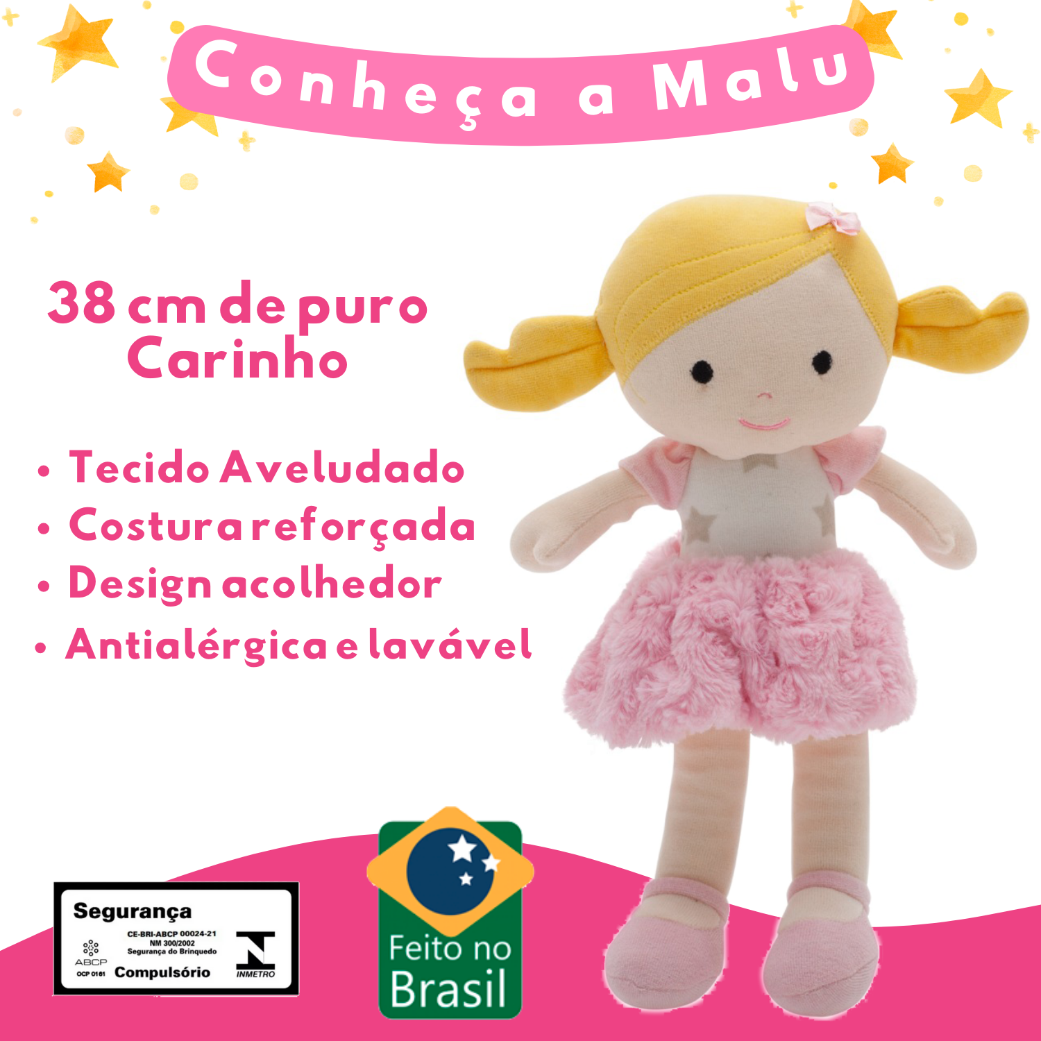 BONECA DE PANO MALU LOIRA LAVÁVEL ANTIALÉRGICA 38 CM - Imagem 4