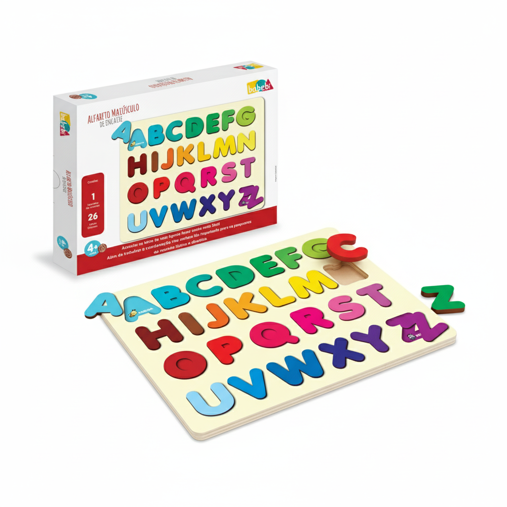 ALFABETO DE ENCAIXE TABULEIRO ILUSTRADO MADEIRA COLORIDO
