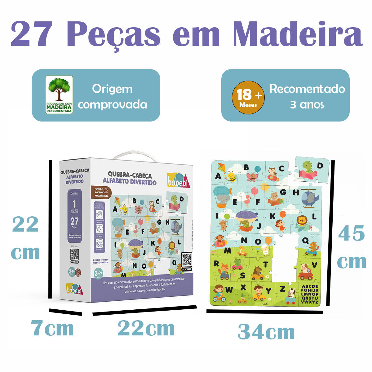 QUEBRA CABEÇA ALFABETO DIVERTIDO ILUSTRADO MADEIRA GRANDE - Imagem 2