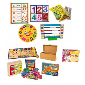 KIT BAÚ DE MATEMÁTICA COM 10 BRINQUEDOS EDUCATIVOS MADEIRA
