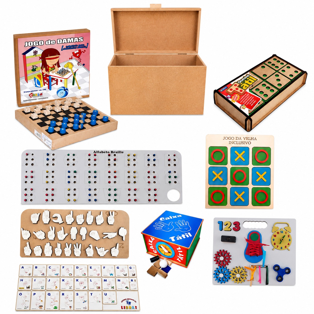 BAÚ COM 8 JOGOS DE INCLUSÃO LIBRAS BRAILLE E SENSORIAL