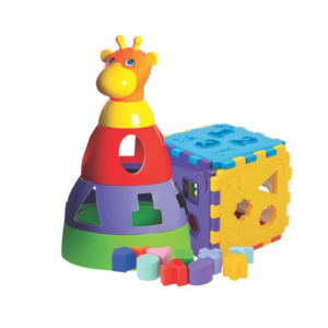 KIT COM 2 BRINQUEDOS EDUCATIVOS CUBO + GIRAFA BEBÊS COLORIDO