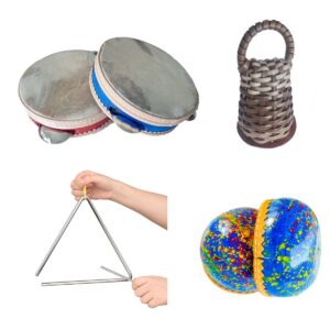 Kit com 4 Instrumentos Pandeiro Caxixi Triangulo Coquinhos