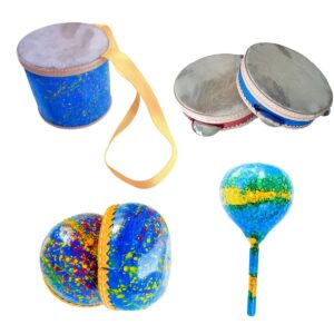 Kit 4 Instrumentos Infantis Tambor Pandeiro Coquinhos Maraca