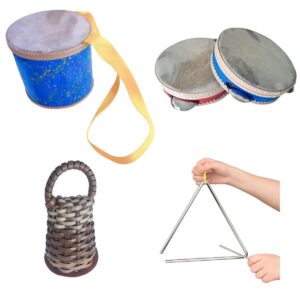 Kit Infantil 4 Instrumentos Tambor Pandeiro Triangulo Caxixi