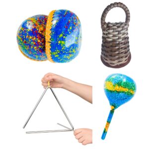 Kit Musical 4 Instrumentos Maraca Caxixi Triangulo Coquinhos