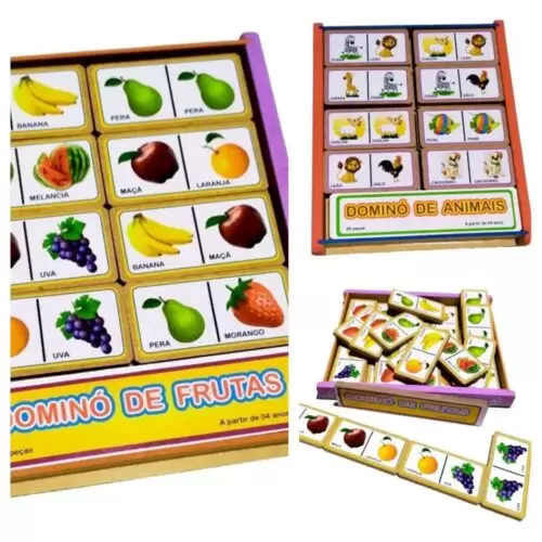 Kit Com 2 Dominós De Madeira Frutas + Animais 28 Peças Cada