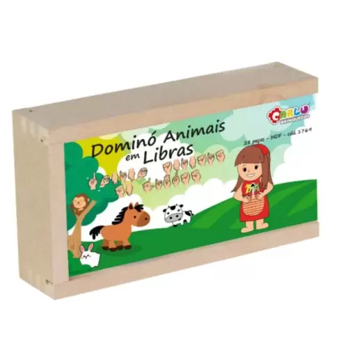 DOMINÓ DE LIBRAS TEMA ANIMAIS 28 PEÇAS CAIXA DE MADEIRA - Image 3