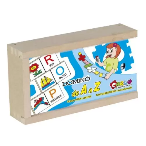 DOMINÓ ALFABETO ILUSTRADO DE A A Z MADEIRA EDUCATIVO CAIXA