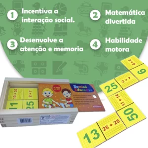 DOMINÓ DE ADIÇÃO EDUCATIVO MADEIRA 28 PEÇAS CAIXA C TAMPA