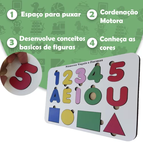 PAINEL TABULEIRO NÚMEROS VOGAIS E FORMAS DE ENCAIXE MADEIRA - Image 3